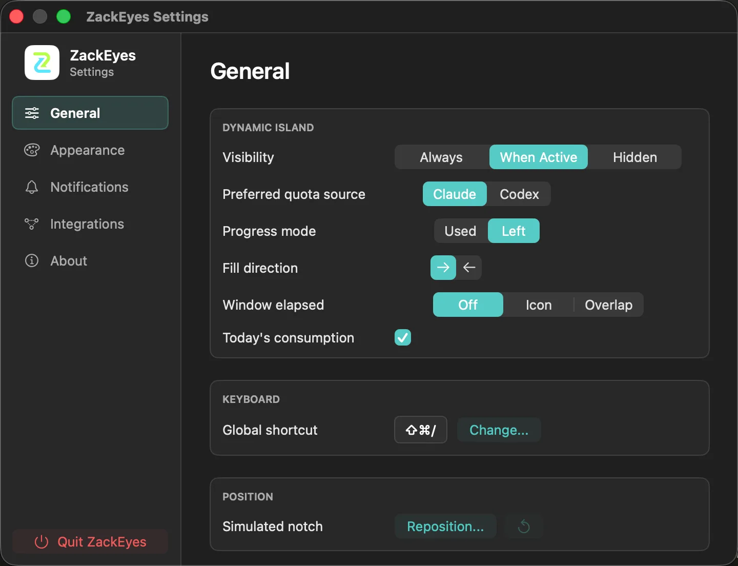 ZackEyes Settings window, General tab, showing Preferred quota source, Progress mode, and Dynamic Island options.
